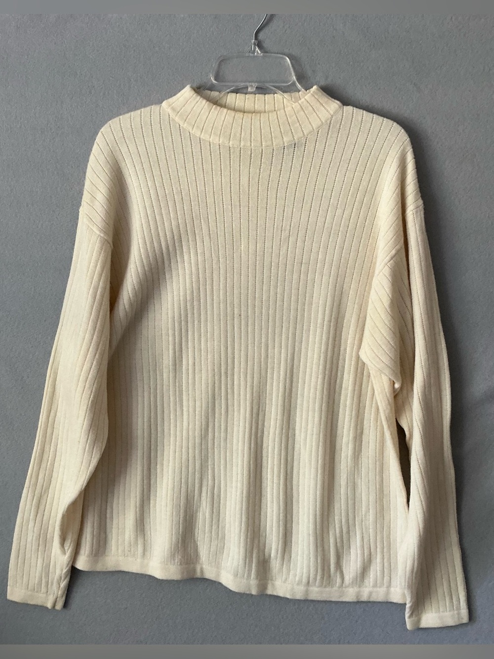 Trader Bay Vintage 90’s Ribbed Mock Neck Sweater L Cream Merino Wool Blend